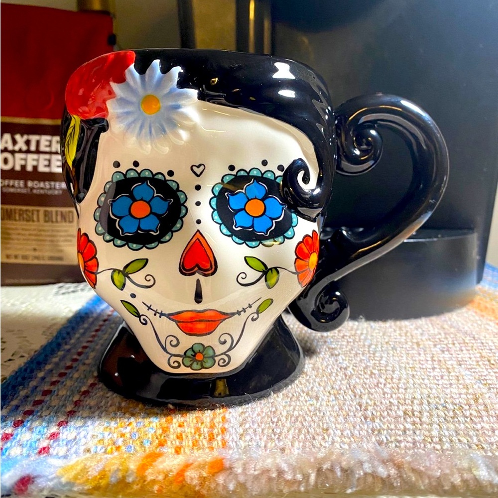 Sugar Skull Design Handle Stoneware Mug, Cracker Barrel